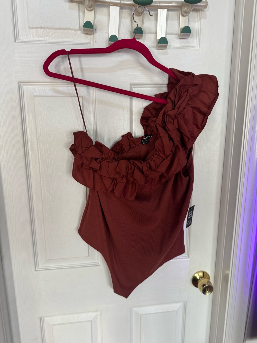 Express One-Shoulder Ruffle Bodysuit in Rust NWT